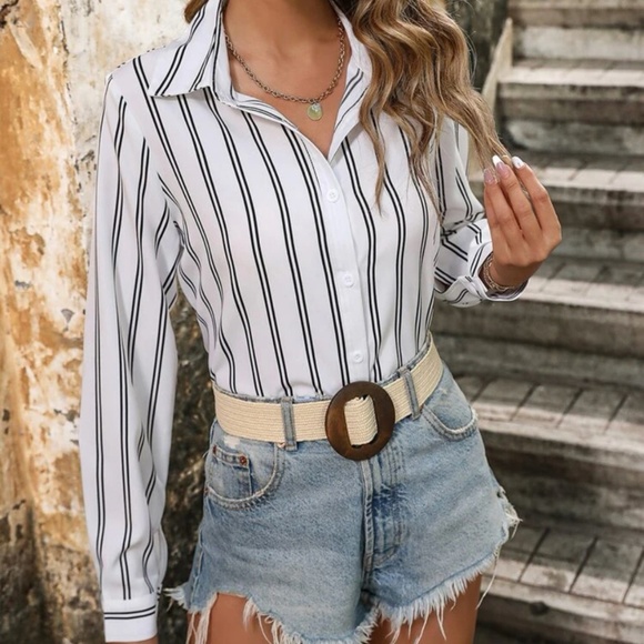 White Striped Shirt Button Up / Down Long Sleeve, Collar - Picture 3 of 8